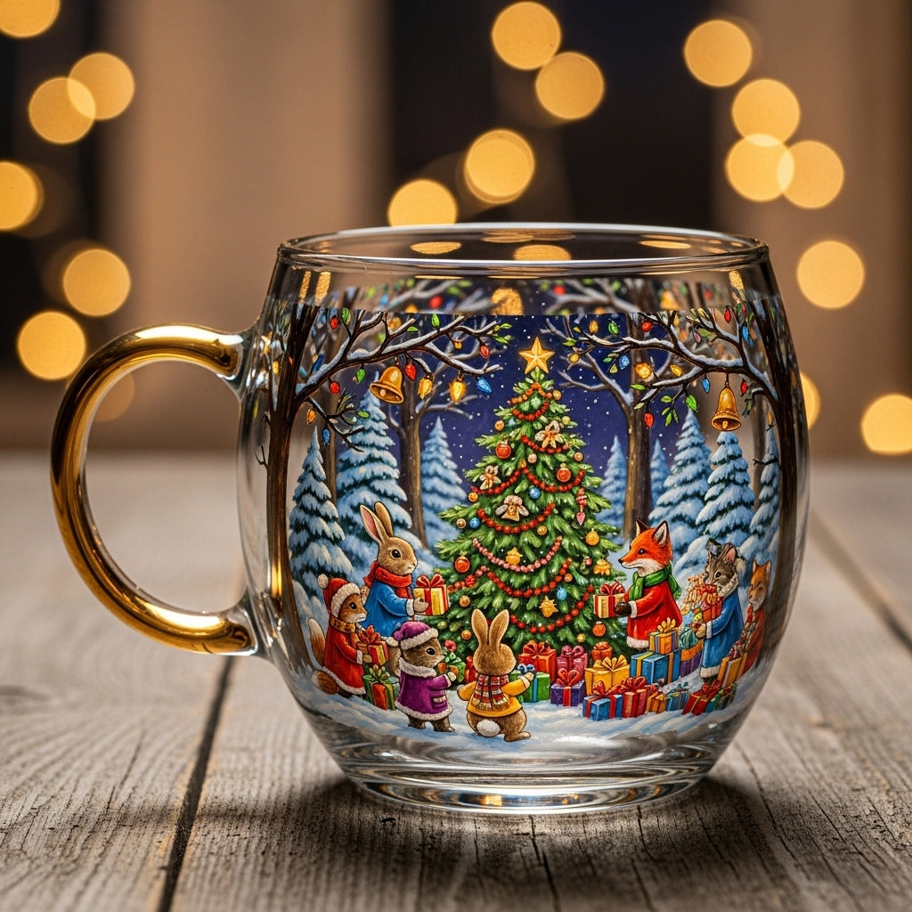 Clear Glass Tapered Mug with Frosted Landscape Motif