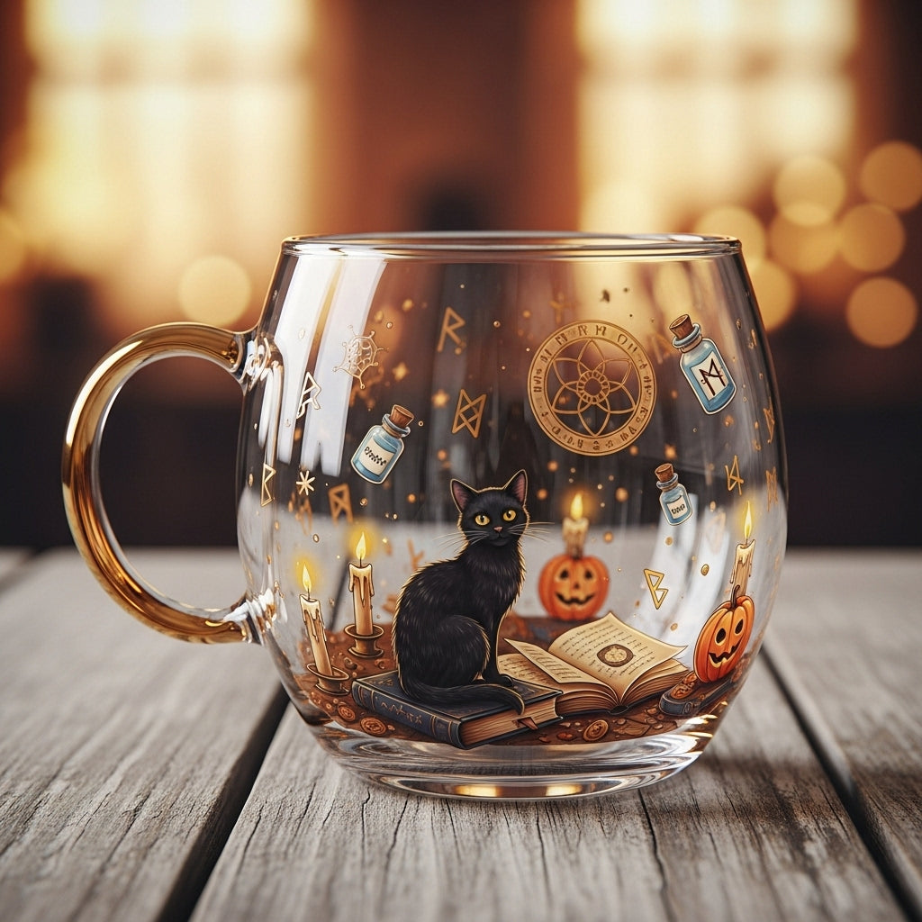 Clear Glass Tapered Mug with Frosted Landscape Motif