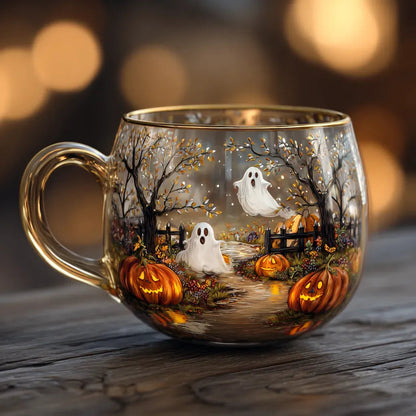 Clear Glass Tapered Mug with Frosted Landscape Motif