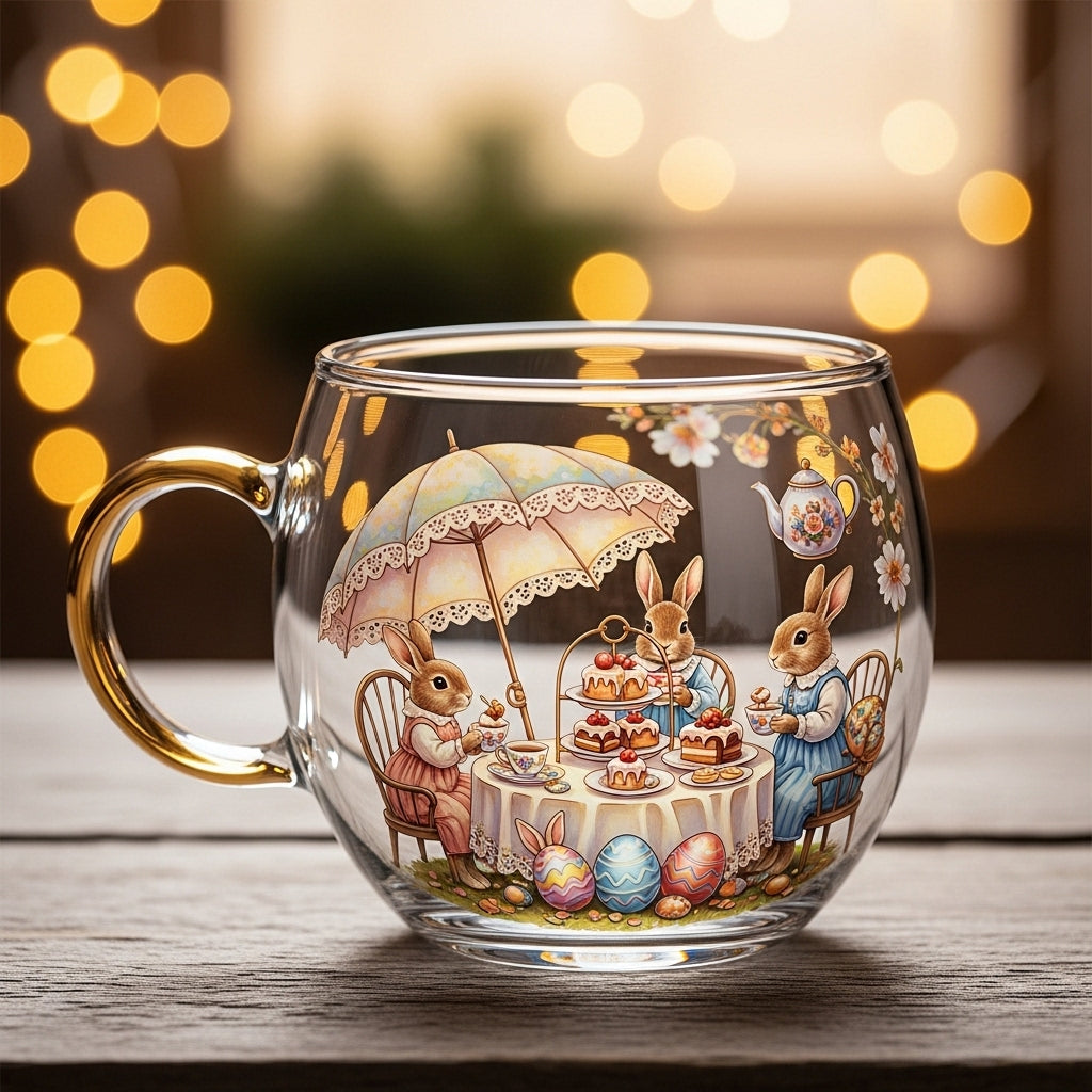 Clear Glass Tapered Mug with Frosted Landscape Motif