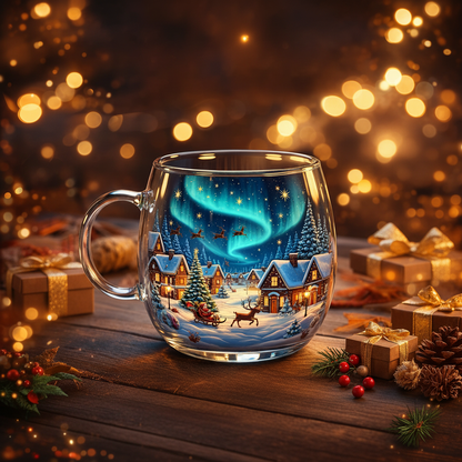 Clear Glass Tapered Mug with Frosted Landscape Motif