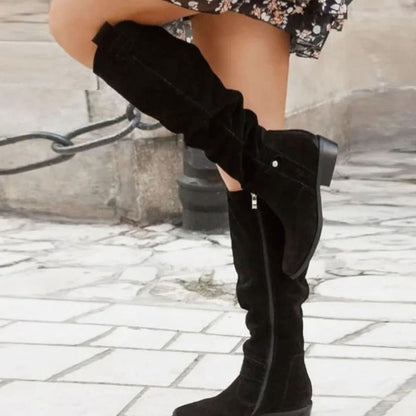 Comfortable Women's Knee-High Suede Boots with Low Block Heel