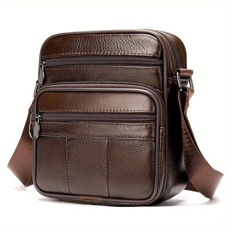 Compact Genuine Leather Crossbody Messenger Bag with Multiple Zip Compartments and Adjustable Strap