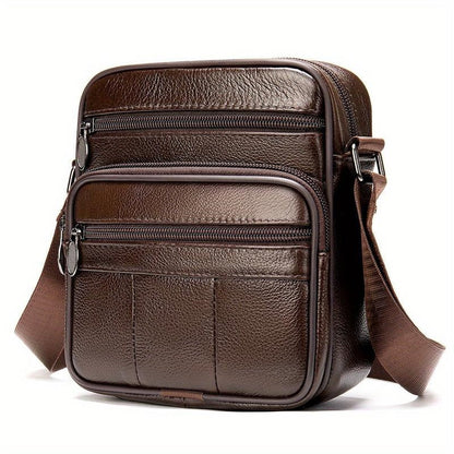 Compact Genuine Leather Crossbody Messenger Bag with Multiple Zip Compartments and Adjustable Strap