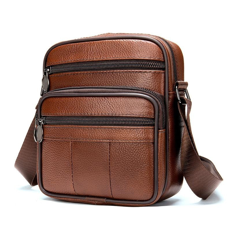 Compact Genuine Leather Crossbody Messenger Bag with Multiple Zip Compartments and Adjustable Strap