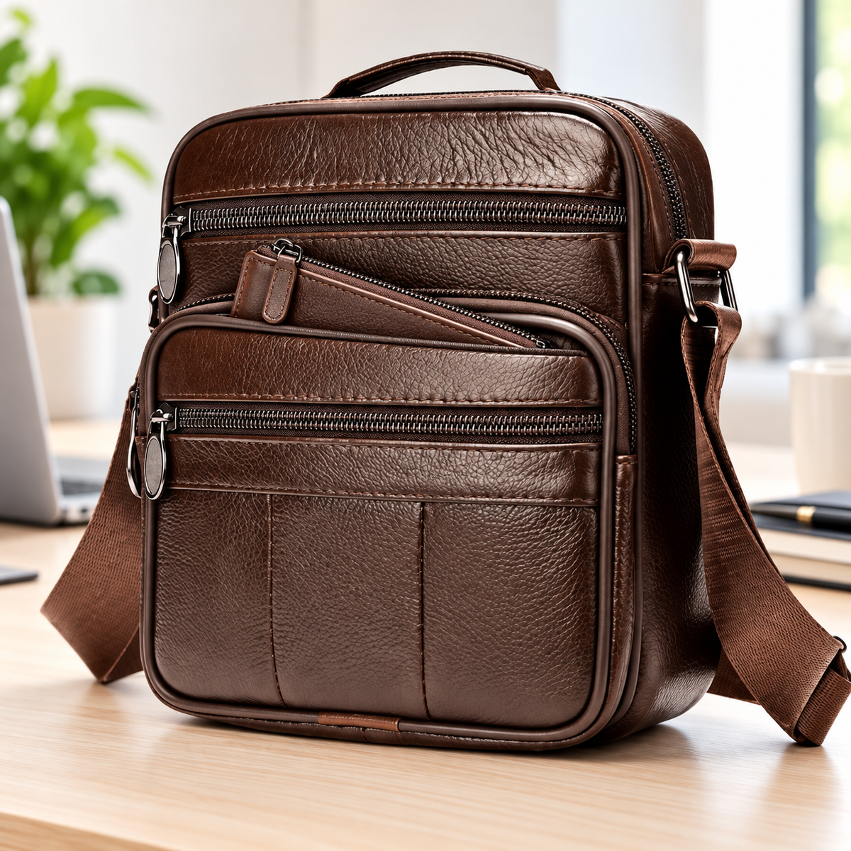 Compact Genuine Leather Crossbody Messenger Bag with Multiple Zip Compartments and Adjustable Strap