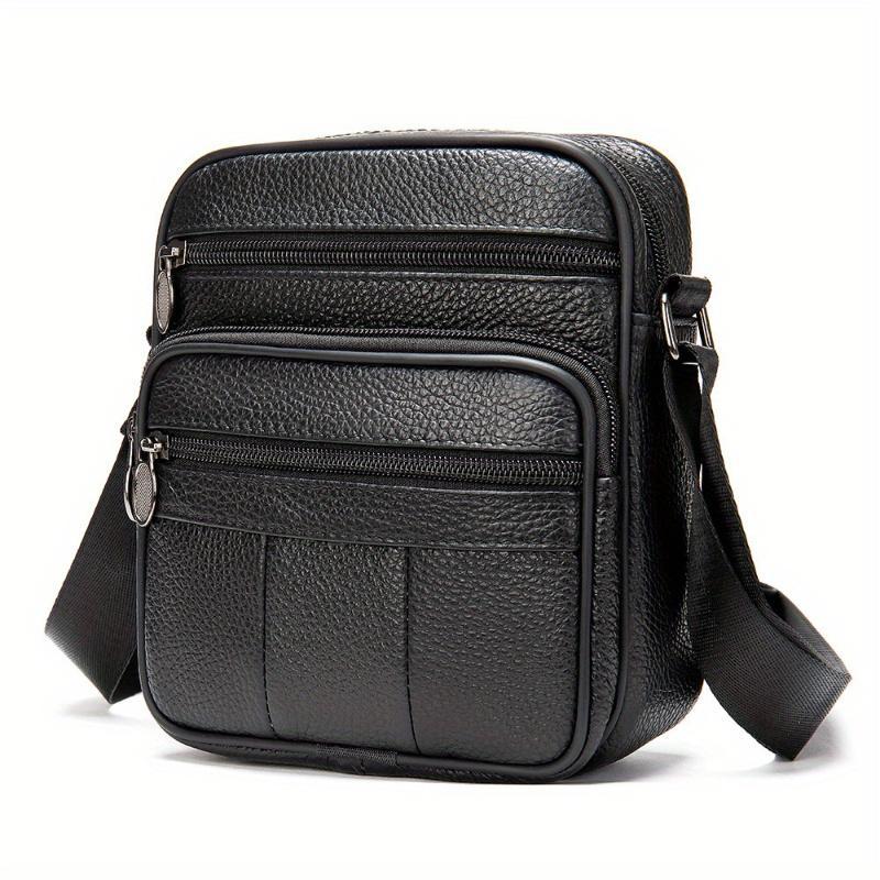 Compact Genuine Leather Crossbody Messenger Bag with Multiple Zip Compartments and Adjustable Strap