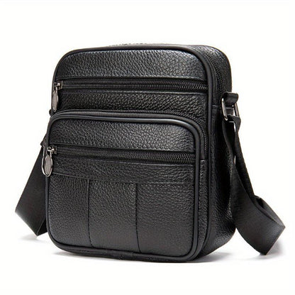Compact Genuine Leather Crossbody Messenger Bag with Multiple Zip Compartments and Adjustable Strap