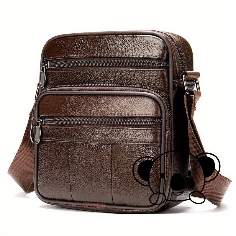 Compact Genuine Leather Crossbody Messenger Bag with Multiple Zip Compartments and Adjustable Strap
