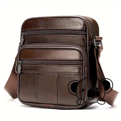 Compact Genuine Leather Crossbody Messenger Bag with Multiple Zip Compartments and Adjustable Strap