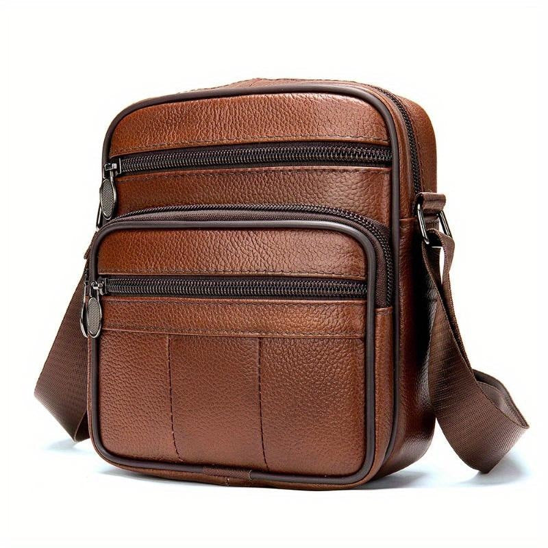 Compact Genuine Leather Crossbody Messenger Bag with Multiple Zip Compartments and Adjustable Strap