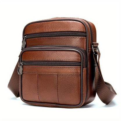 Compact Genuine Leather Crossbody Messenger Bag with Multiple Zip Compartments and Adjustable Strap