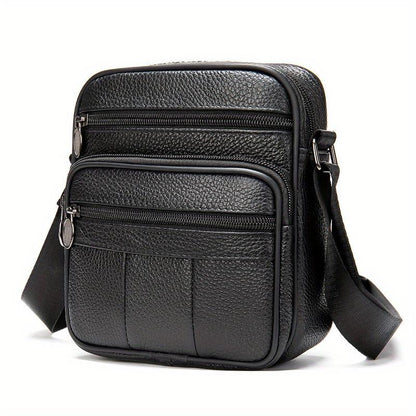 Compact Genuine Leather Crossbody Messenger Bag with Multiple Zip Compartments and Adjustable Strap