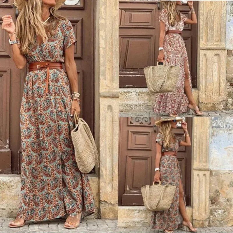 Image of Connie | Women's V-Neck Belted Maxi Dress