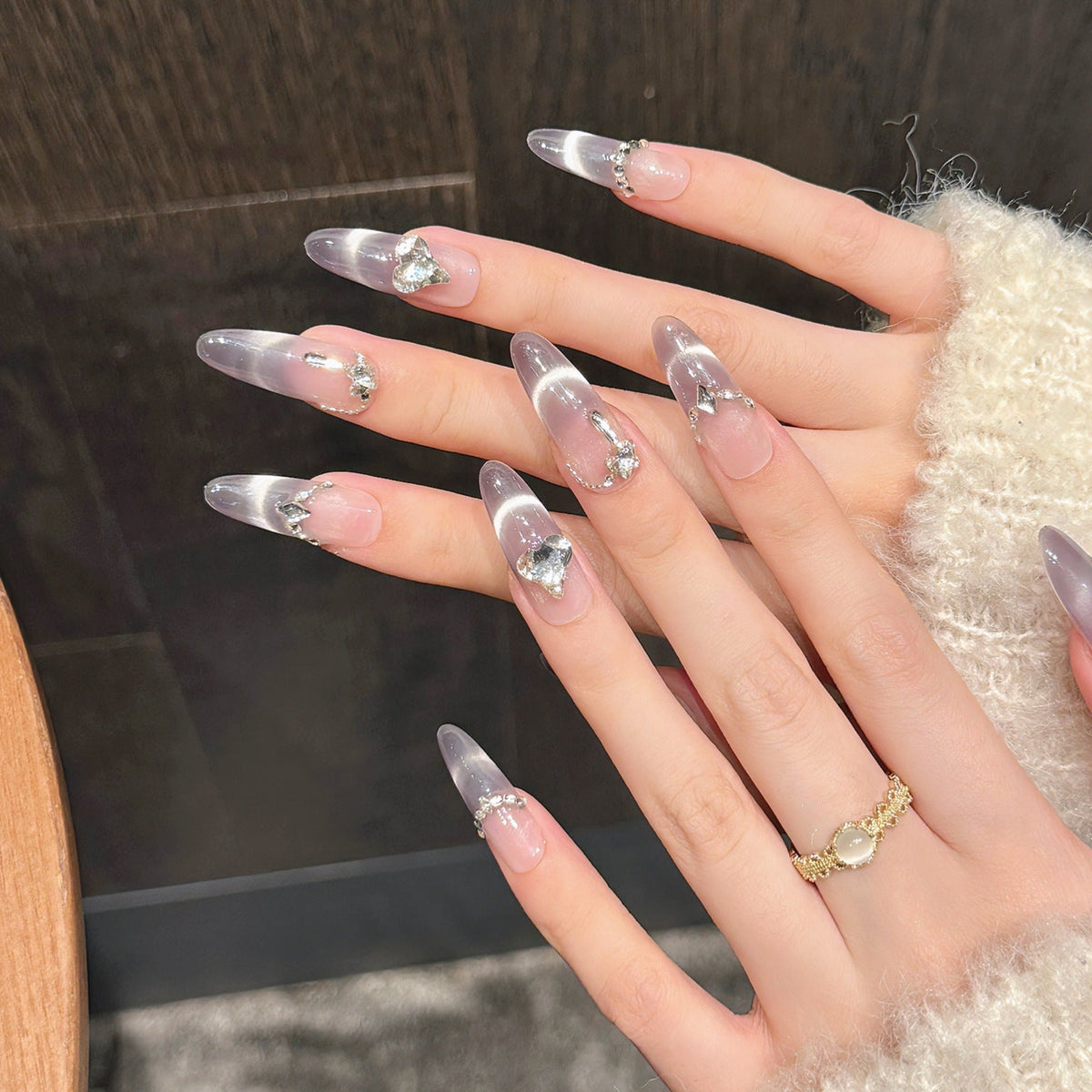 Decorative Press-On Nail Set with Gem Accents