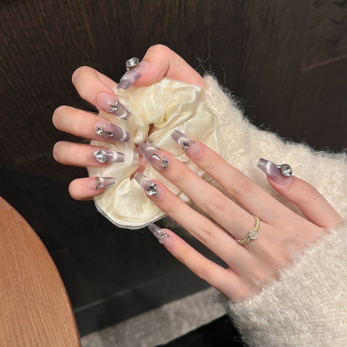 Decorative Press-On Nail Set with Gem Accents