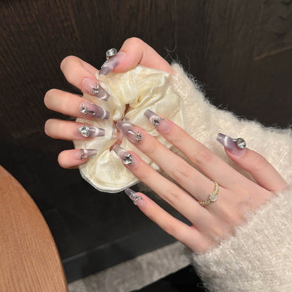 Decorative Press-On Nail Set with Gem Accents