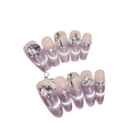 Decorative Press-On Nail Set with Gem Accents