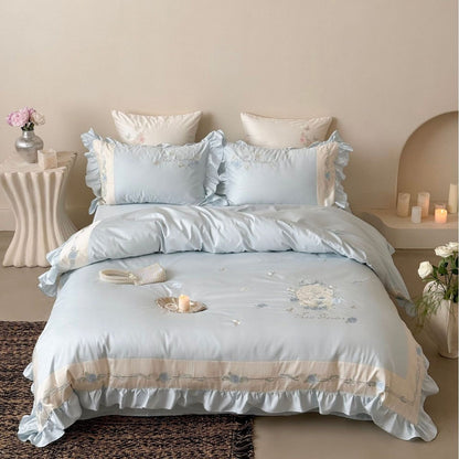 Delicate Cotton Sateen Bedding Set with Ruffled Trim and Rose Embroidery