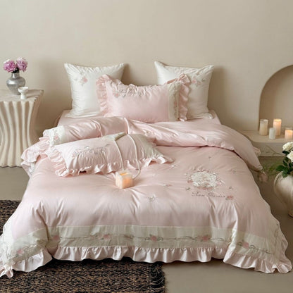 Delicate Cotton Sateen Bedding Set with Ruffled Trim and Rose Embroidery