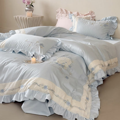 Delicate Cotton Sateen Bedding Set with Ruffled Trim and Rose Embroidery