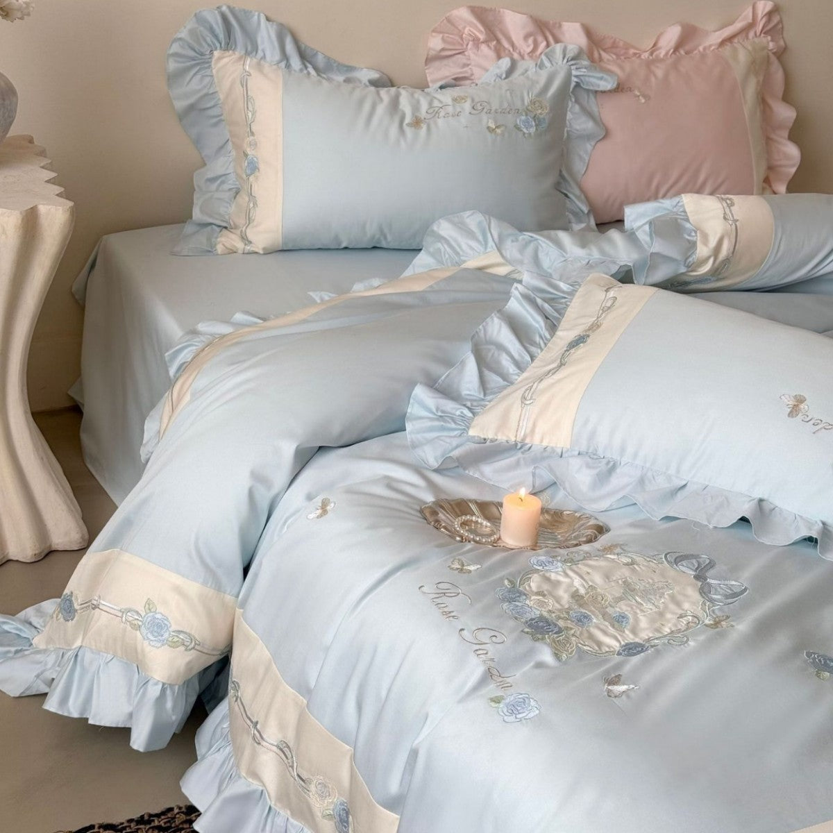 Delicate Cotton Sateen Bedding Set with Ruffled Trim and Rose Embroidery