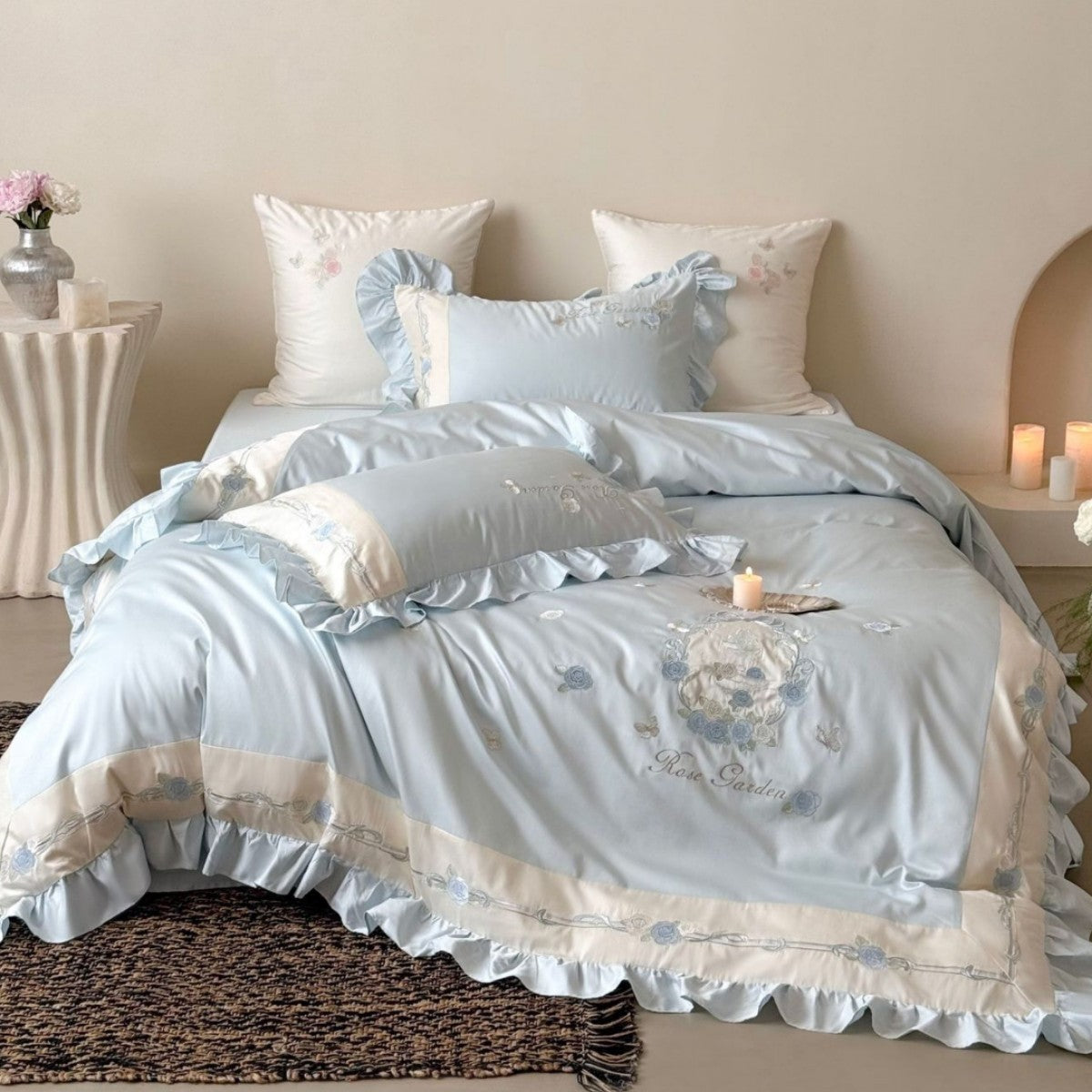 Delicate Cotton Sateen Bedding Set with Ruffled Trim and Rose Embroidery