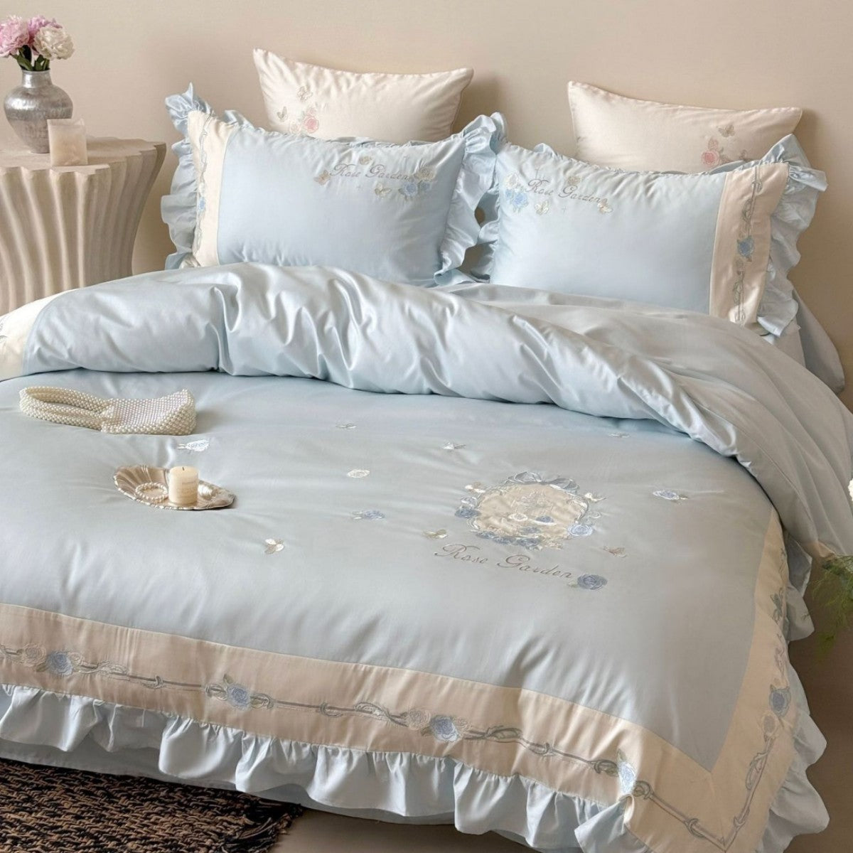 Delicate Cotton Sateen Bedding Set with Ruffled Trim and Rose Embroidery