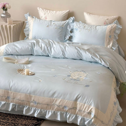 Delicate Cotton Sateen Bedding Set with Ruffled Trim and Rose Embroidery