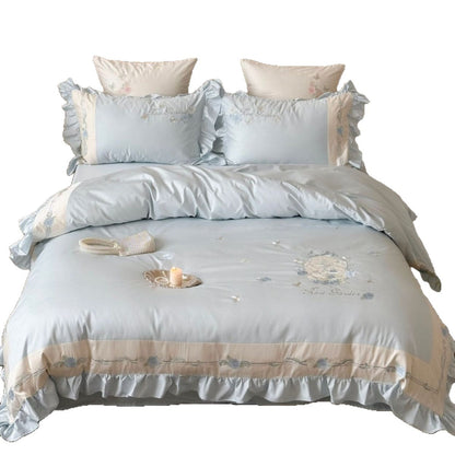 Delicate Cotton Sateen Bedding Set with Ruffled Trim and Rose Embroidery