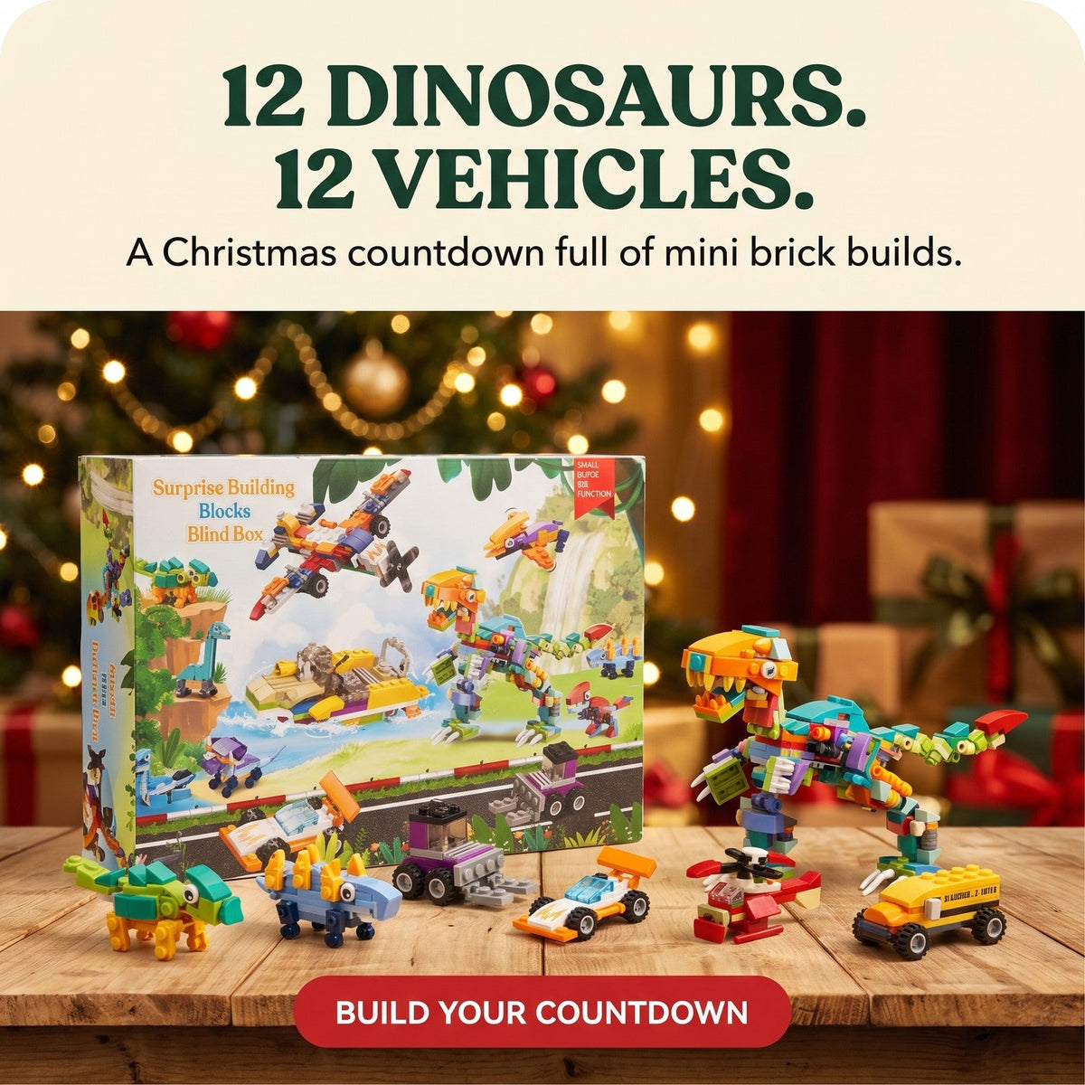 Dinosaur and Vehicle Advent Calendar, 24 Mini Brick Builds with Big T. Rex
