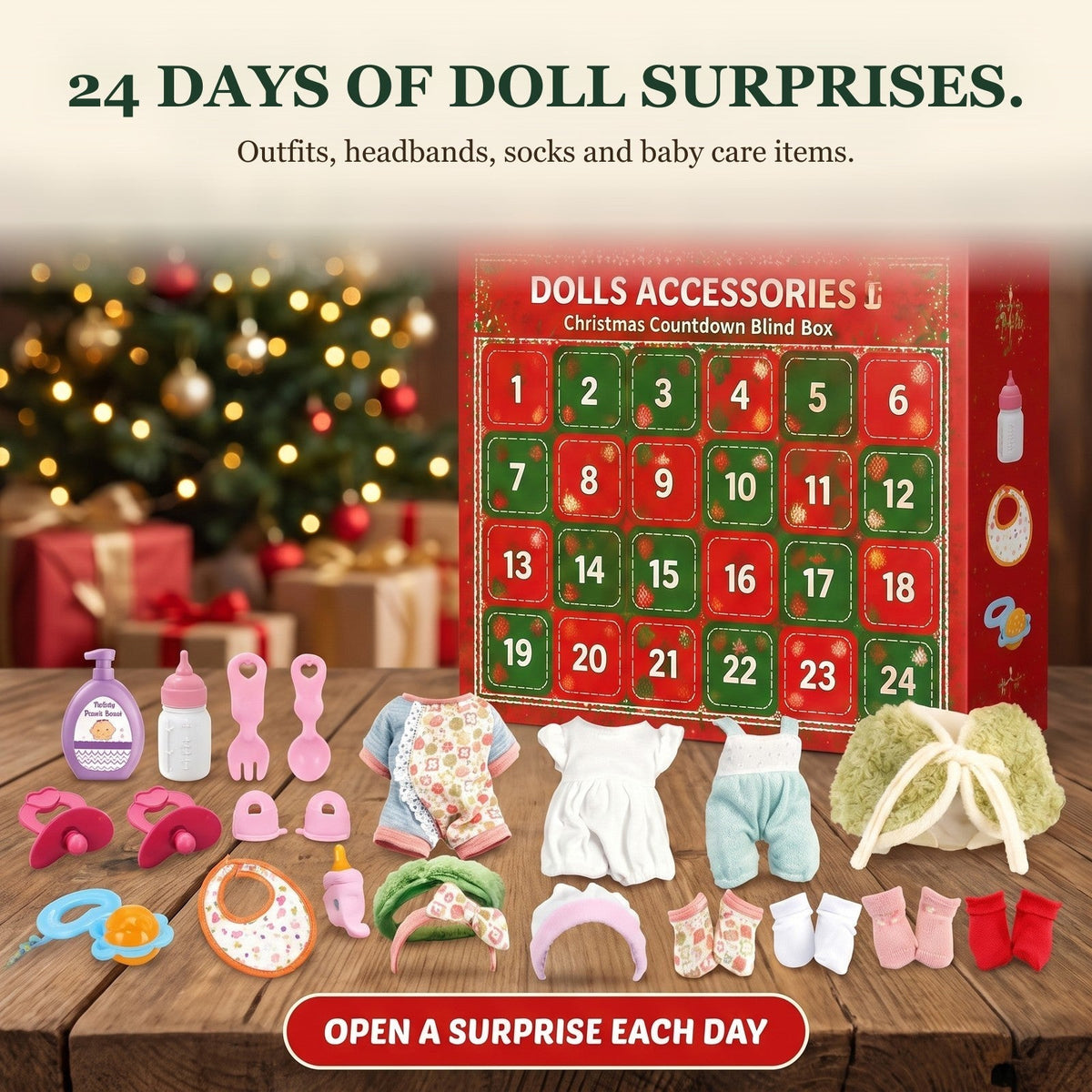 Doll Accessories Advent Calendar, 24 Days of Outfits and Baby Care Surprises