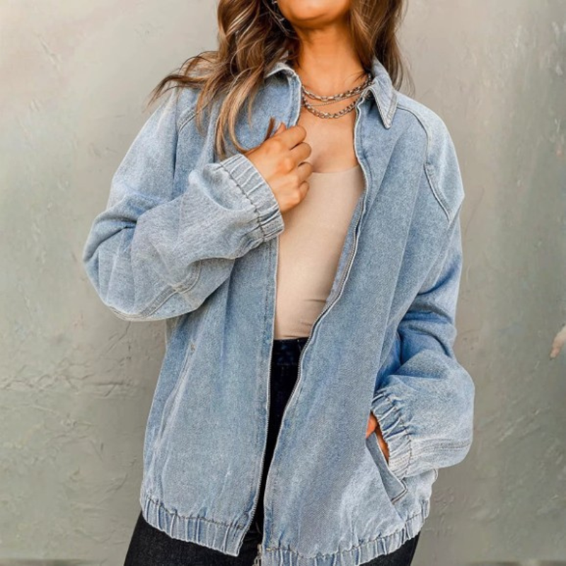 Dominique | Women's Zip-Up Denim Bomber Jacket - Image 1