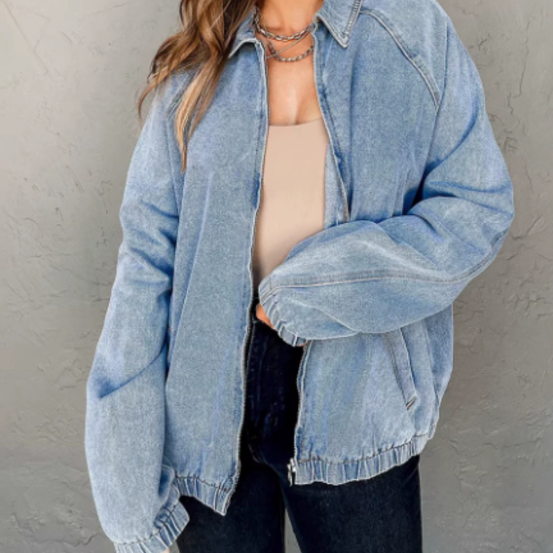 Dominique | Women's Zip-Up Denim Bomber Jacket - Image 2
