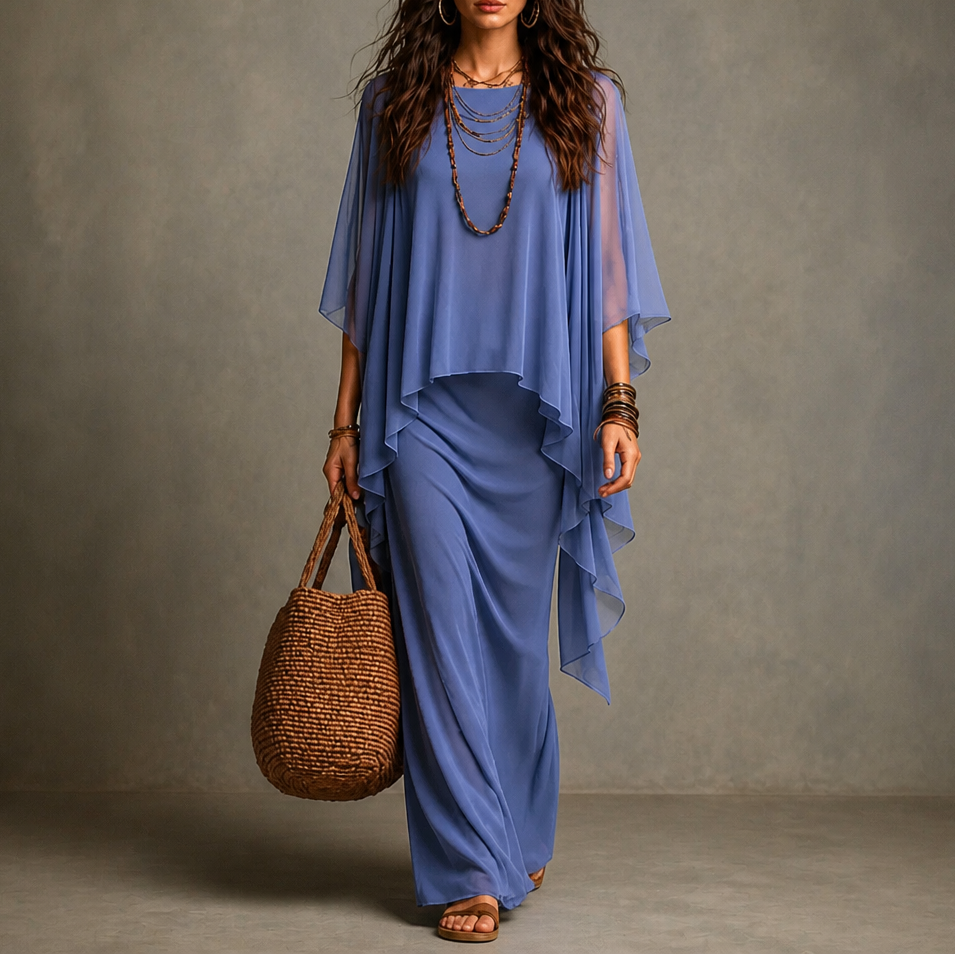 Draped Cape Sleeve Asymmetrical Hem Maxi Dress