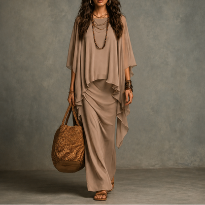 Draped Cape Sleeve Asymmetrical Hem Maxi Dress
