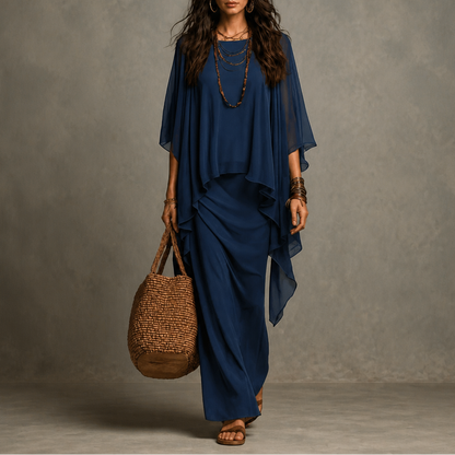 Draped Cape Sleeve Asymmetrical Hem Maxi Dress