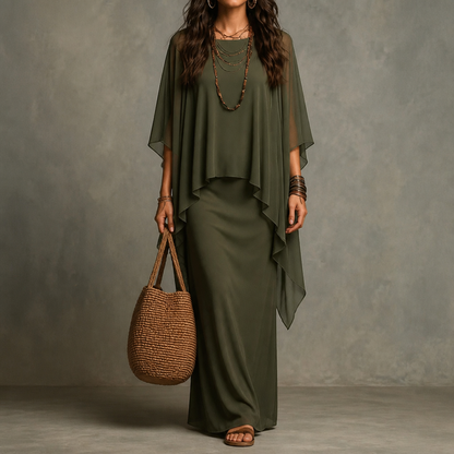 Draped Cape Sleeve Asymmetrical Hem Maxi Dress