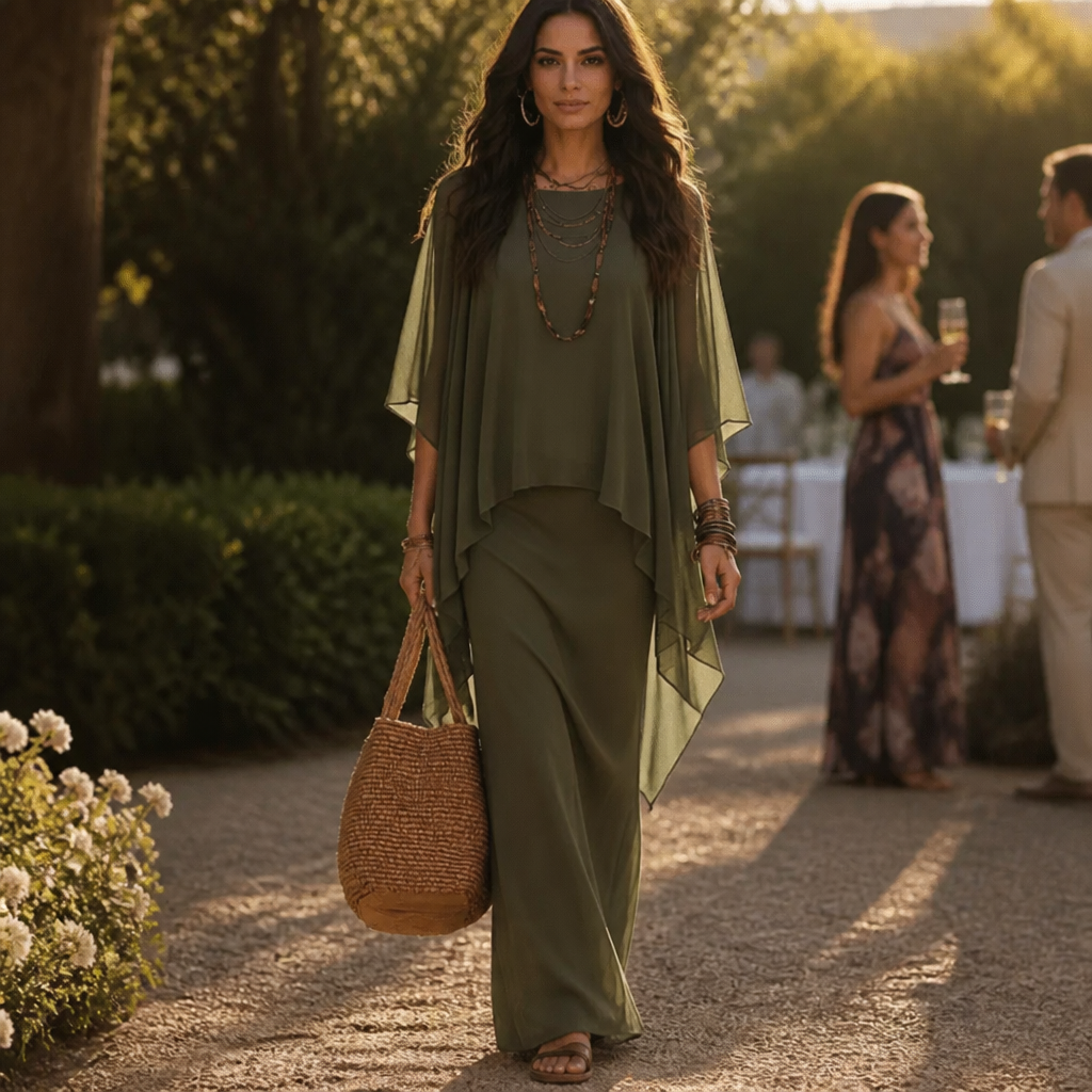 Draped Cape Sleeve Asymmetrical Hem Maxi Dress