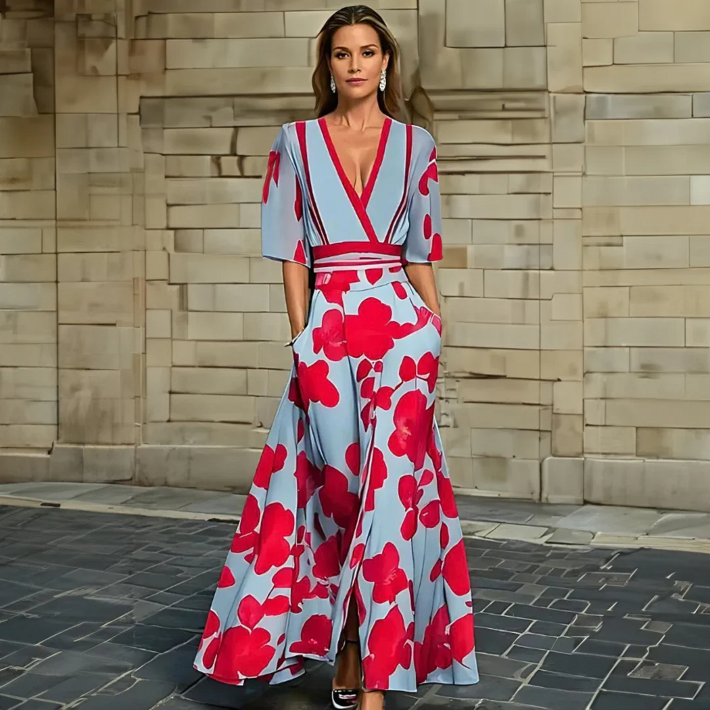 Image of Eliza | Women's V-Neck Floral Wrap Maxi Dress