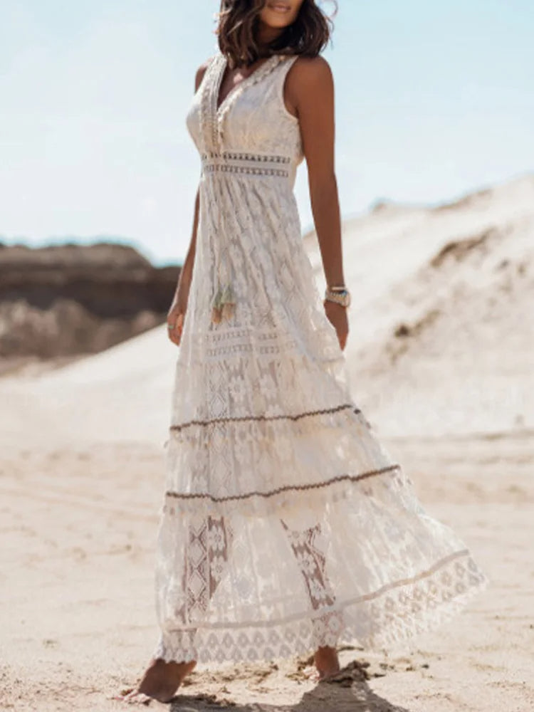 Image of Eva | Women's V-Neck Lace Maxi Dress