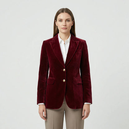 Fitted Velvet Blazer with Gold Buttons