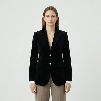 Fitted Velvet Blazer with Gold Buttons