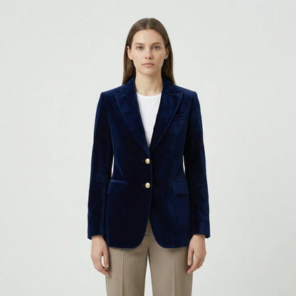 Fitted Velvet Blazer with Gold Buttons
