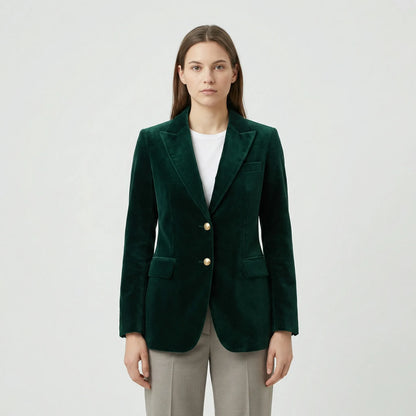 Fitted Velvet Blazer with Gold Buttons