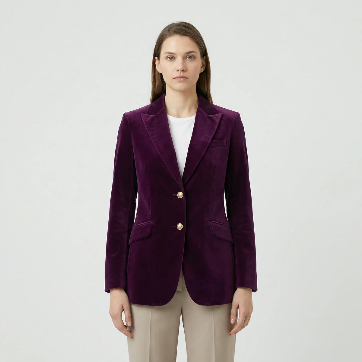 Fitted Velvet Blazer with Gold Buttons