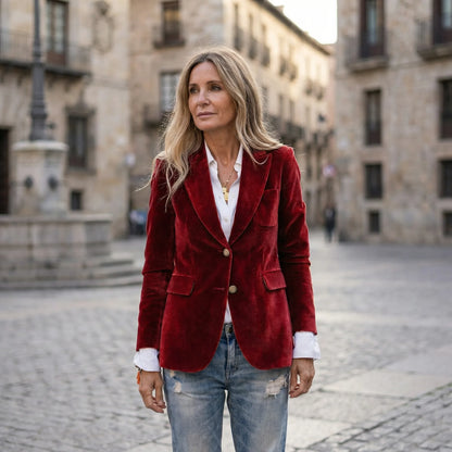 Fitted Velvet Blazer with Gold Buttons