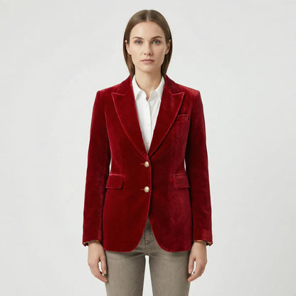 Fitted Velvet Blazer with Gold Buttons