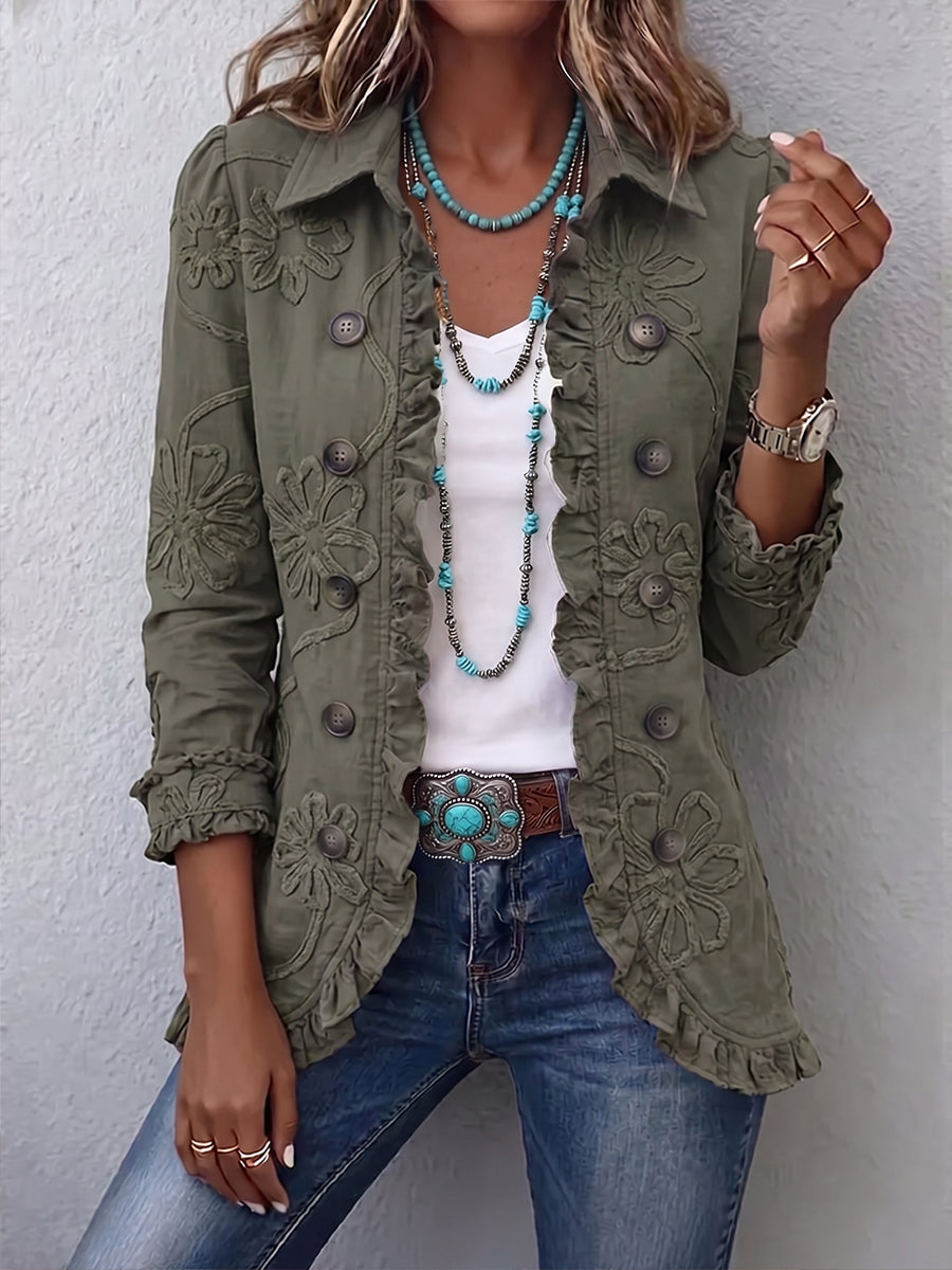 Floral Embroidered Ruffled Trim Utility Jacket