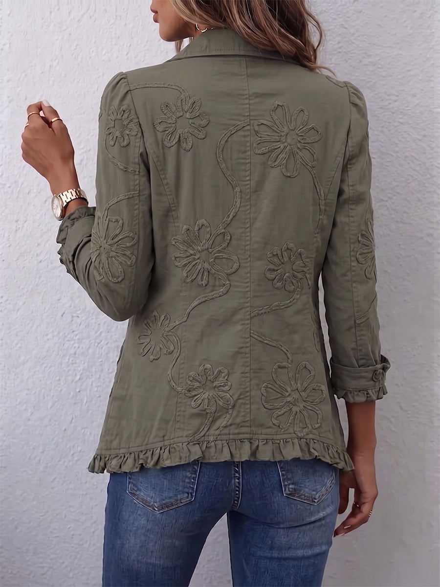 Floral Embroidered Ruffled Trim Utility Jacket